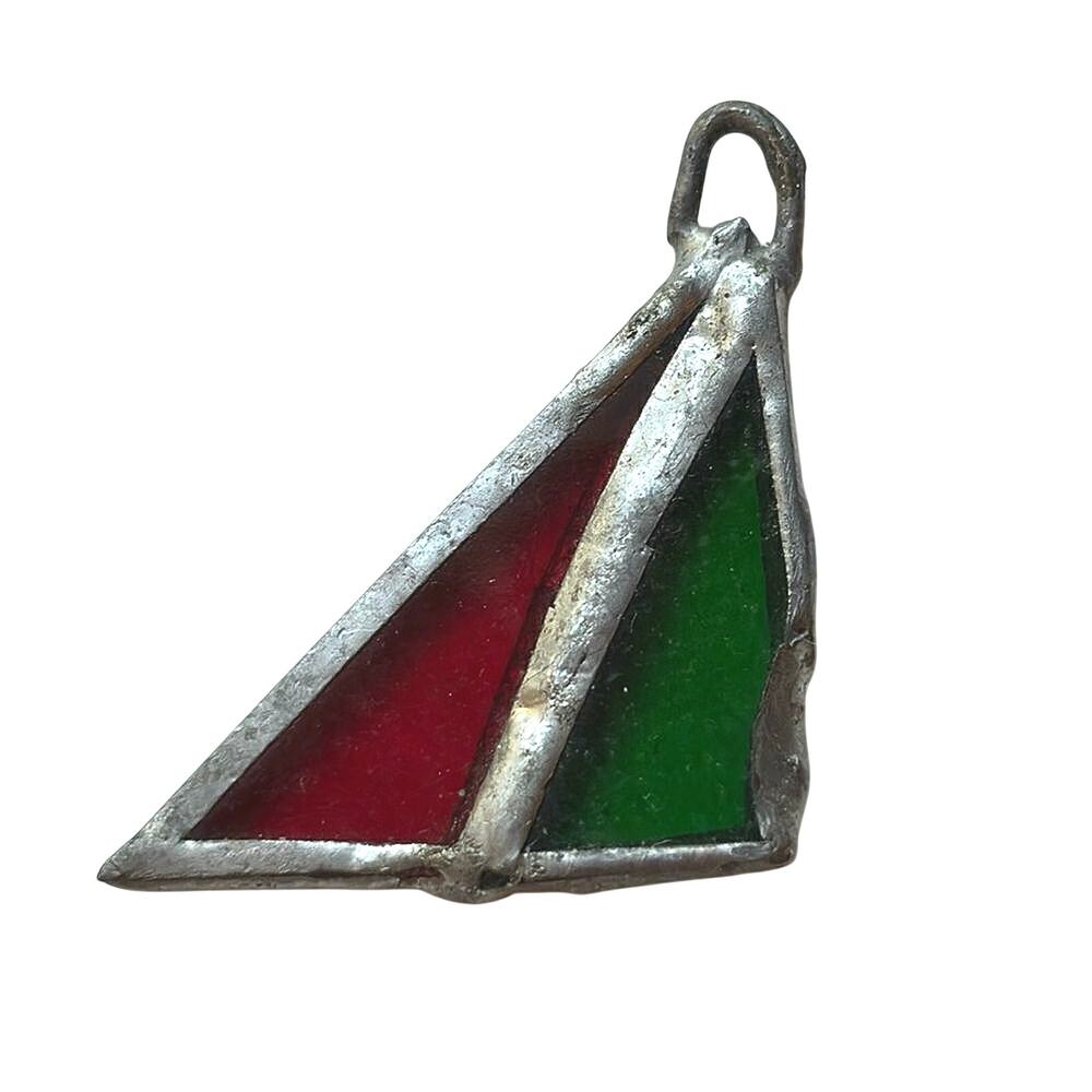 Handmade Stained Glass Pendant Red Green Geometric Triangle Artisan Jewelry